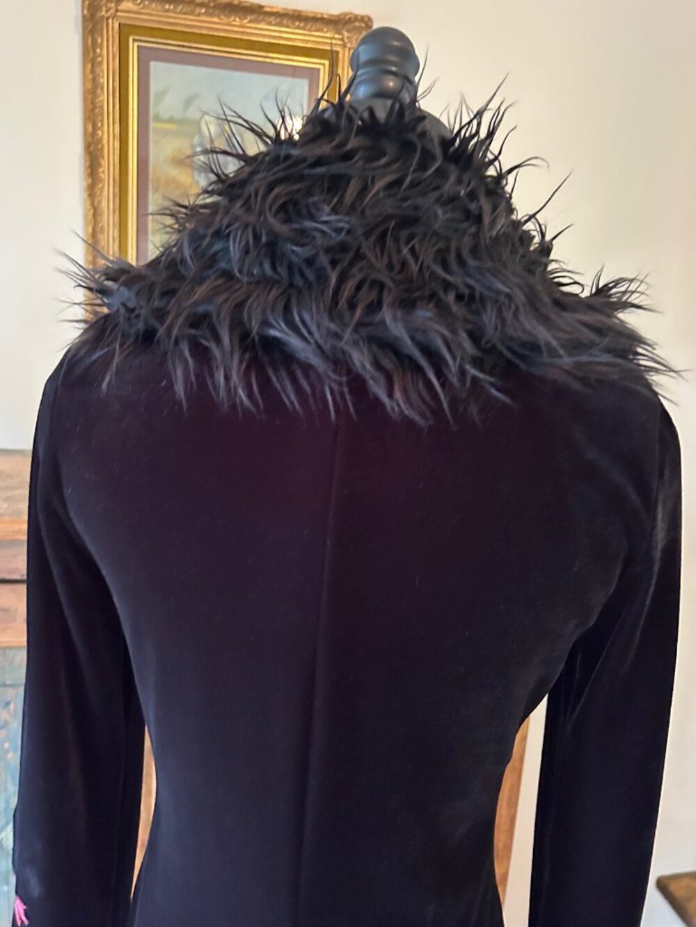 Vintage Betsey Johnson Black Velvet Faux Fur Embroidered Floral Duster Coat - Picture 8 of 12